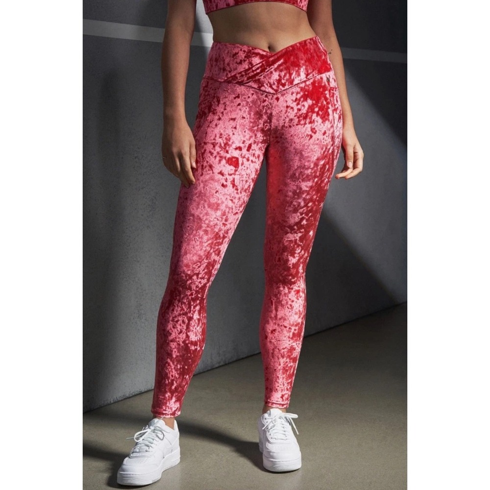 Fabletics Oasis Red Crushed Velvet Crossover High Waisted Leggings Pockets Large